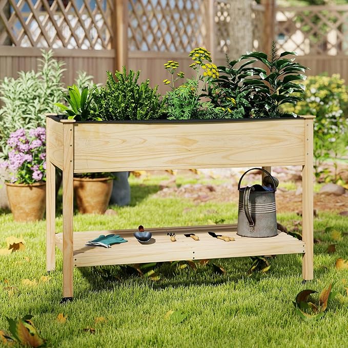 S AFSTAR 2 Pieces Wooden Raised Garden Bed with Wheels Elevated Planter Box with Legs Storage Shelf Liner &amp Drainage Holes Indoor Outdoor Patio Gardening Box for Vegetable Flower &amp Herb