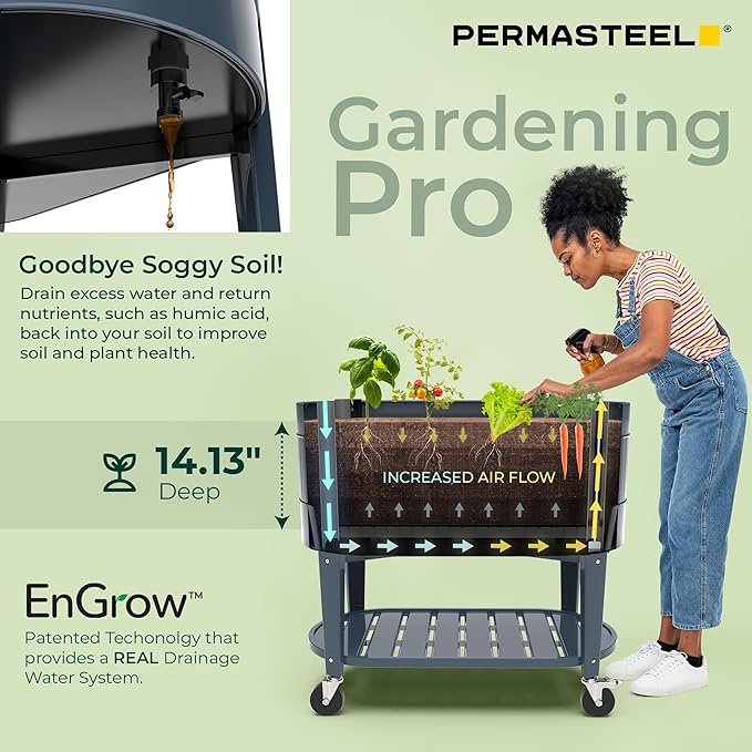 Permasteel Raised Garden Bed with Legs Planter Box with EnGrow™ TrueSoil™ Technology for Vegetables Flowers Herbs and Fruit Outdoor Indoor Storage Shelf Caster Wheels Blue