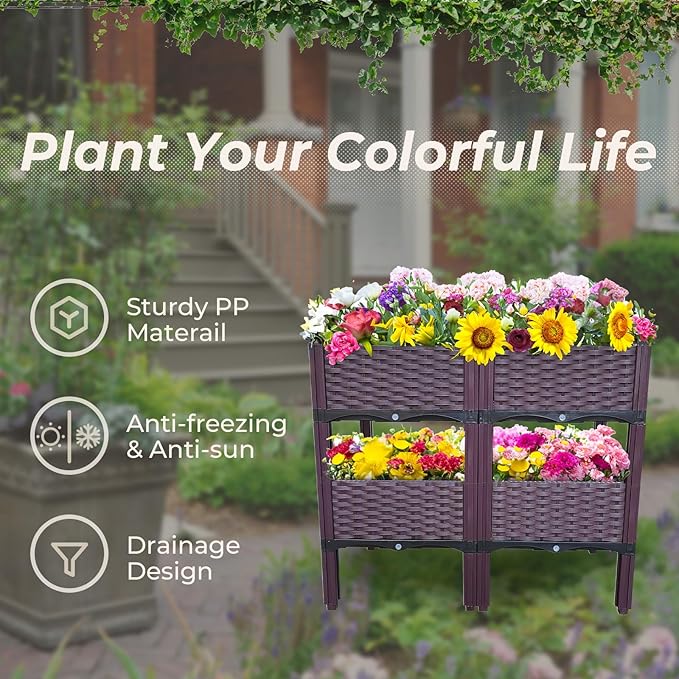 Plastic Raised Garden Bed Set of 4 Plants Elevated Garden Boxes Planter Growing Boxes with Legs for Outdoor Indoor for Flowers Vegetables Fruits Herbs