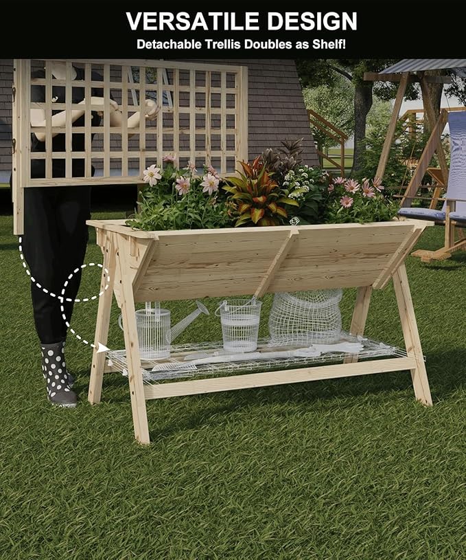 Raised Garden Bed with Trellis &amp Storage Shelf - Tall Elevated Wooden Planter Box with Legs 52x30x54 in Large Standing Planter for Outdoor Vegetables Herbs Flowers 10.6 in Deep
