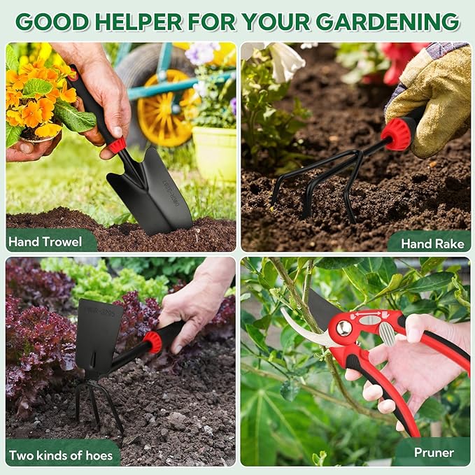 10 Pack Garden Tool Set - Carbon Steel Heavy Duty Gardening Set with Non-Slip Handles &amp Carry Bag Garden Hand Tools Gift for Women and Men