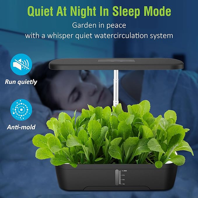 Black 12-Pod Hydroponics Growing System Earthless Growing System Indoor Garden Herb Garden Kit Smart Hydroponic Garden with LED Grow Light &amp Automatic Timer Adjustable Height