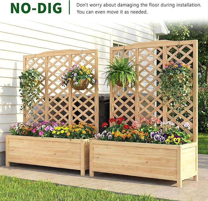 Wooden Raised Garden Bed with Trellis Freestanding Planter Box with Drainage for Vines Climbing Plants Flowers Herbs Elevated Gardening Planter for Backyard Balcony Patio