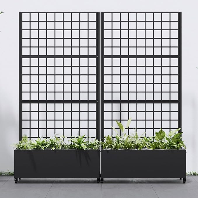 Casaphoria 72x35 Metal Raised Garden Bed with Trellis(2 Pack) Outdoor Planter Box with Wheels &amp Drainage Holes for Climbing Plants Flowers Elevated Garden Kit with Privacy Screen Black-Gird