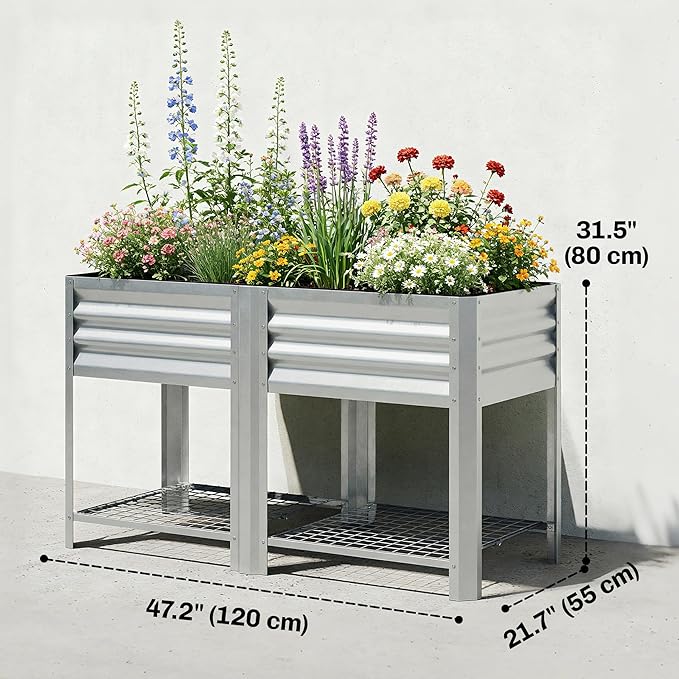 Outsunny Galvanized Steel Raised Garden Bed with Storage Shelf and Bed Liner Elevated Planter Box with Legs for Flowers Vegetables and Herbs for Outdoor Patio Yard Glove Included Silver