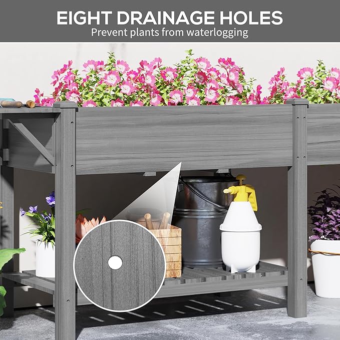 Outsunny Raised Garden Bed Wood Elevated Planter Box with Side Table Bottom Shelf Outdoor Raised Planter with Bed Liners Drainage Holes for Vegetable Flower 81.5 x 23 x 31 in Gray