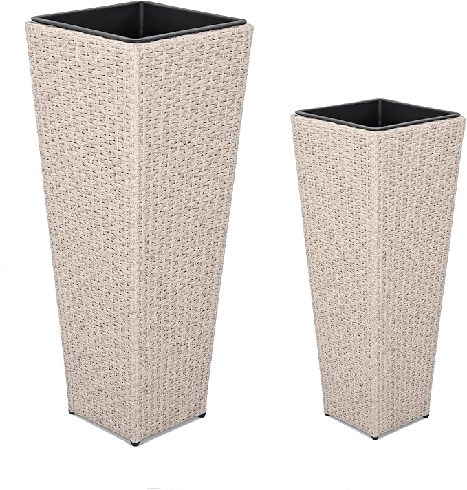 Outdoor PE Wicker Flower Pots 2 Pcs Set Beige