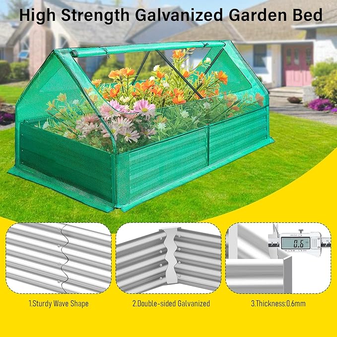 6x3x1 Ft Galvanized Raised Garden Bed Metal Planter Box with Cover Large Planter Raised Bed for Outdoor Plants Flower Galvanized Garden Bed Planter Gardening Supplies