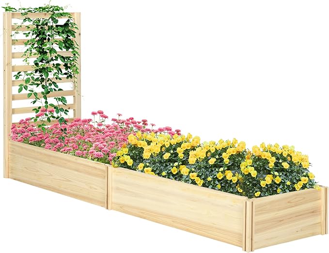 Raised Garden Bed with Trellis and 2 Compartments 43 Inch Wooden Planter Box Kit for Outdoor Plants Vegetables Flowers Herbs Climbing Easy Assembly Natural Tone