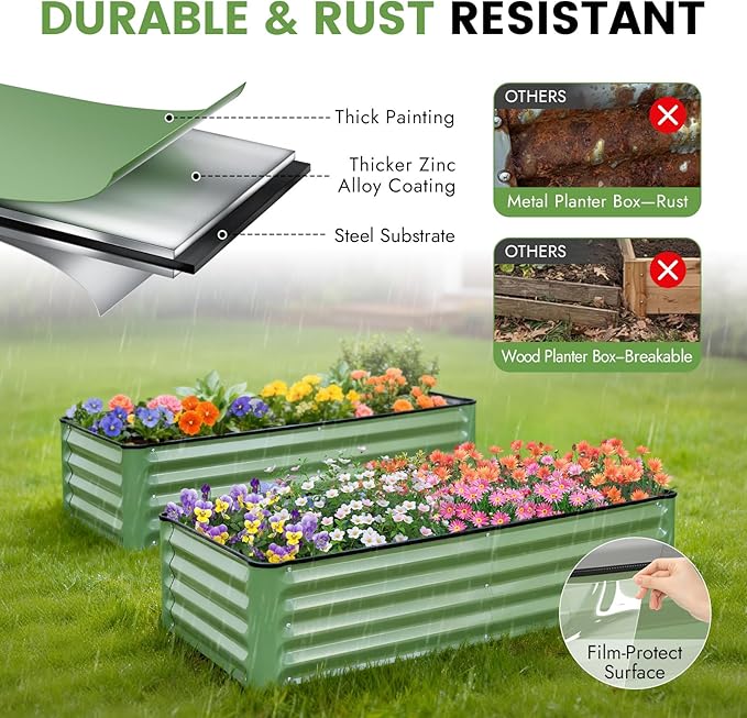 INNO STAGE Galvanized Raised Garden Bed Kits 4x2x1ft Metal Raised Garden Beds Outdoor Steel Raised Planter Bed with Gloves for Vegetables &amp Flowers Patio Ground Planter Box (Olive Green 2PCS)