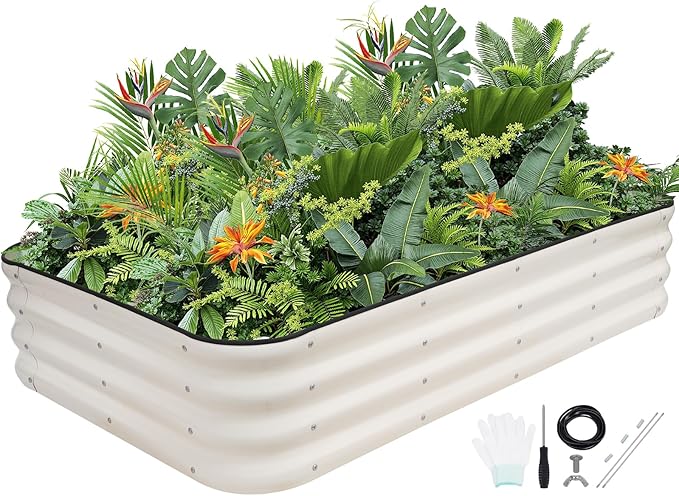 G GOOD GAIN 4-in-1 Adjustable Raised Garden Bed Kit | Galvanized Planter Boxes for Vegetables Flowers | 12 Tall Multiple Sizes (5x3x1ft 4x4x1ft 6x2x1ft 7x1x1ft) | Outdoor Metal Raised Bed White