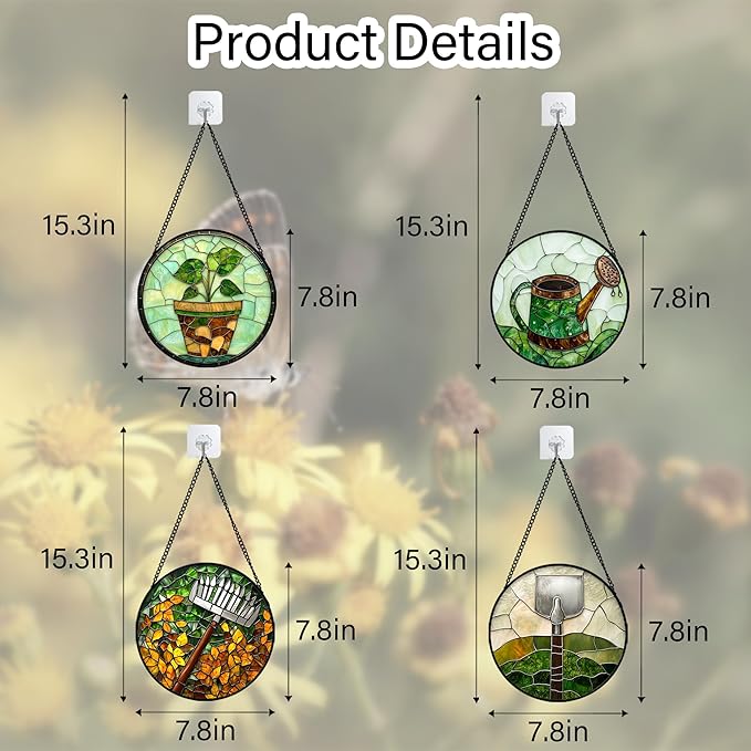 Stained Glass Window Hanging 4 Pcs Set Gardening Tools 7.8 - Suncatcher Door Garden Sun Catcher Decor Birthday Mother's Day for Gardener Men Woman Nana Mam Friend