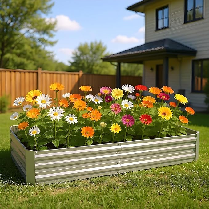 PayLessHere Galvanized Garden Bed 8x4x1FT Outdoor Raised Garden Bed for Vegetables Flowers and Herbs Planter Boxes Large Galvanized Steel Raised Bed Kit with Metal Pole Reinforcement Silver
