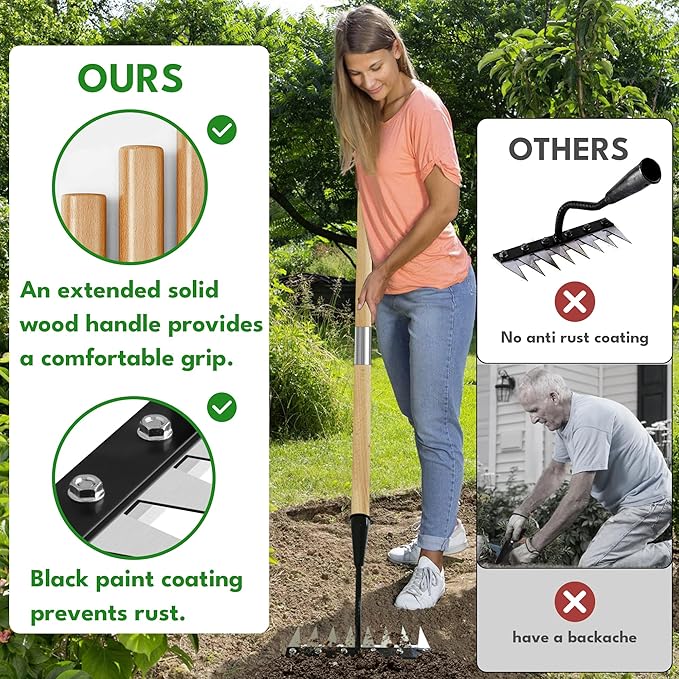 Iron Weeding Rake with Handle 2.0 Upgraded 8 Teeths Garden Weed Puller Tool Heavy Duty Gardening Tool for Lawn Flower Beds &amp Soil Aeration