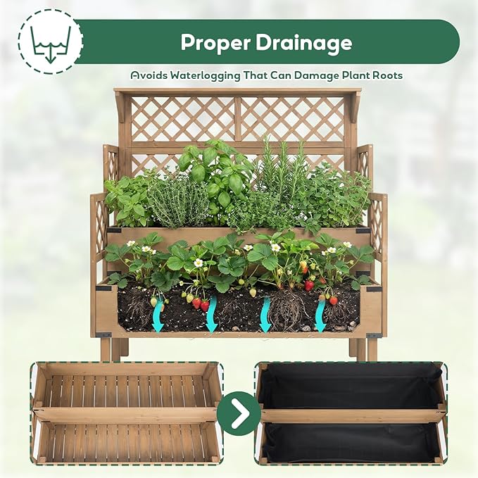 Raised Garden Bed with Trellis &amp Top Shelf Outdoor Elevated Planter Box with 2 Planting Areas Liner &amp Metal Corners for Climbing Plants Vegetables Herbs