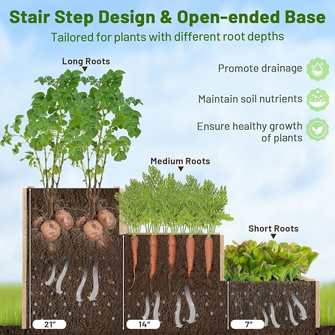 Giantex 3-Tier Raised Garden Bed with Trellis and 3 Planter Boxes Outdoor Open-Ended Wood Raised Bed for Planting and Vines Flowers Vegetables Growing 44x45x56