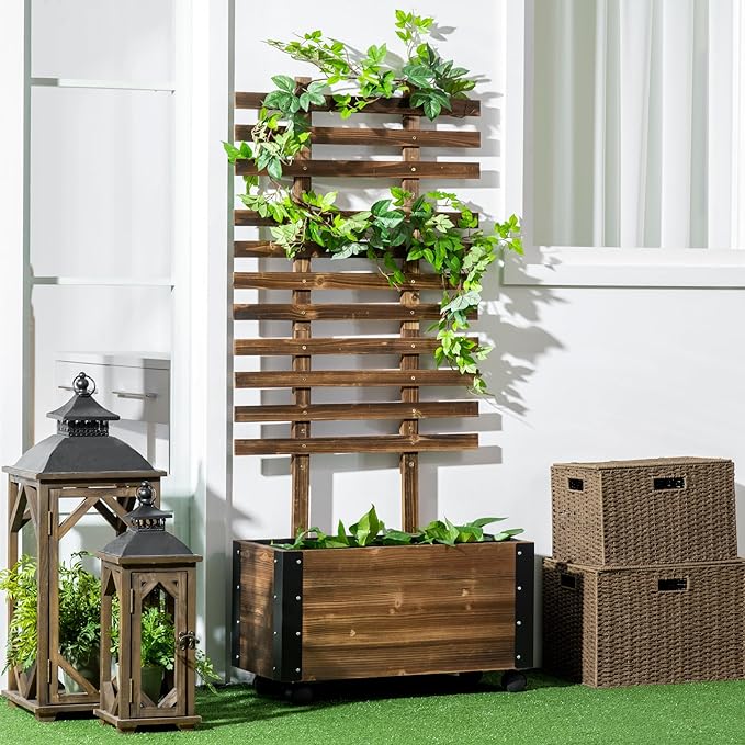 Raised Garden Bed with Trellis 58 Outdoor Wooden Planter Box with Wheels for Vine Plants Flowers Climbing and Planting Brown