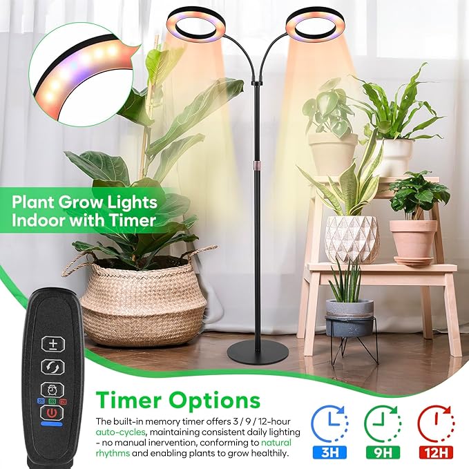 Dual-Head Grow Lights for Indoor Plants LED Full Spectrum Floor Plant Lamp with Timer 3/9/12H 10 Dimmable Levels Flexible Gooseneck Height Adjustable 23-67 for Large Houseplants