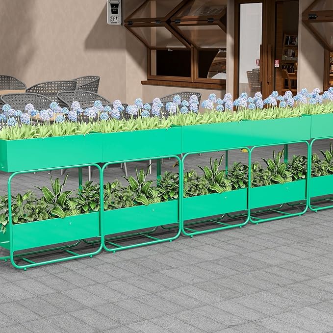 kinbor 2 Tier Elevated Raised Garden Bed Outdoor - Set of 2 Durable Planter Boxes for Vegetables Flowers &amp Herbs (29” Tall Rust-Resistant Steel Green)
