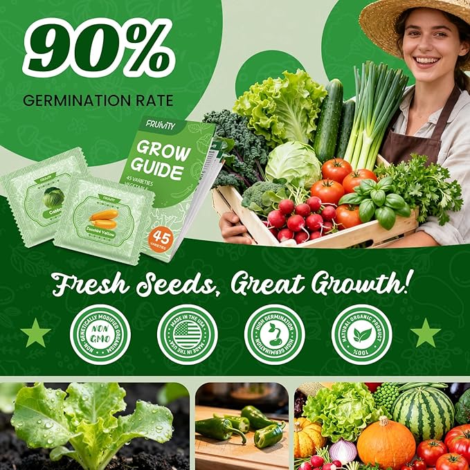 45 Vegetable Seeds Variety Pack - 17000+ Non-GMO Heirloom for Planting Garden Seed Packets Indoor &amp Outdoors Gardening -Seed Vault Kit Friend GiftTomato Cabbage Spinach Cucumber Lettuce