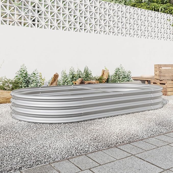 Outdoor Raised Garden Bed for Plants Vegetables and Flowers Oval Large Metal Raised Bed Kit Durable Galvanized Planter Boxes for Garden Backyard Easy Assembly (Silver 88.99x 44.68x11.42 in)
