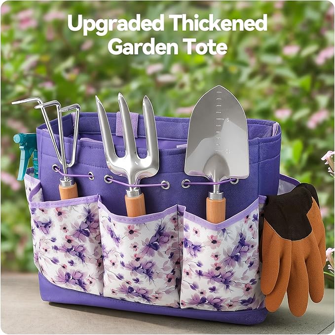 Gardening Tools 9-Piece Heavy Duty Garden Hand Tools with Fashion and Durable Garden Tools Organizer Handbag Rust-Proof Garden Tool Set Ideal Gardening Gifts for Women (Purple)