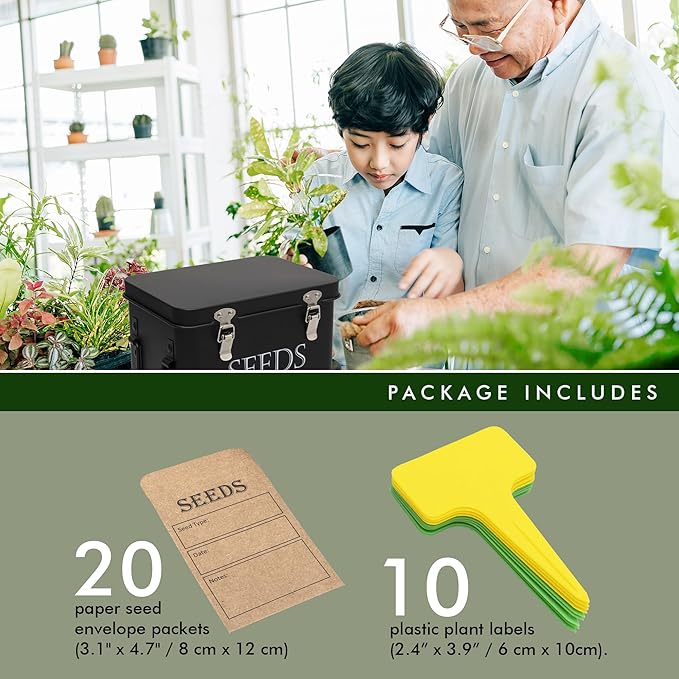 Garden Seed Storage Box with Dividers Seeds Packet Organizer Case for Gardening 3 Inner Slot Bird Plant or Vegetable Seed Container Saver Tin – Black Galvanized Metal with Envelopes &amp Labels