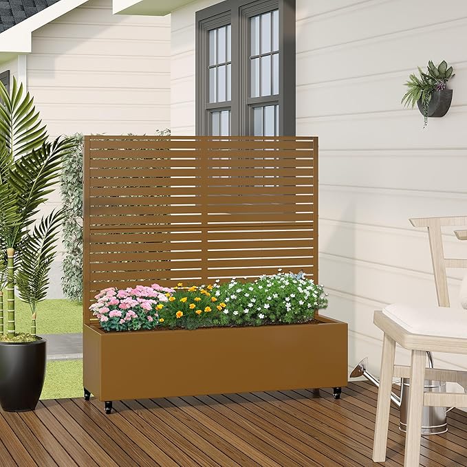 47x47x16 Metal Raised Garden Bed with Trellis Trellis with Planter Box for Backyard Patio Balcony Climbing Plants Brown Classic Shutter