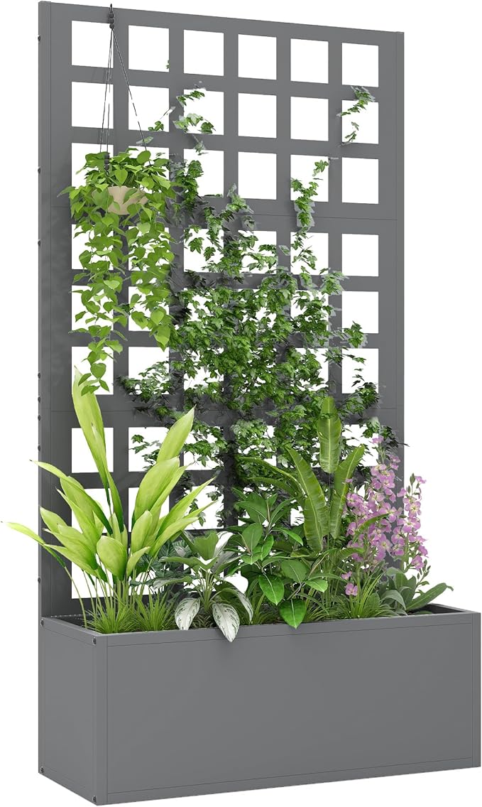 Outsunny Galvanized Raised Garden Bed with Trellis Metal Planter Box with Drainage Holes Outdoor Privacy Screen for Climbing Plants Vegetable Vines 24 x 9 x 44.5 Gray