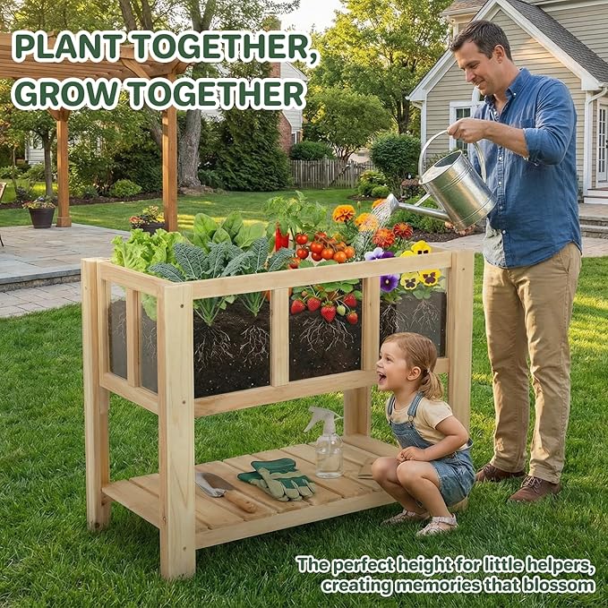 Raised Garden Bed for Small Balcony 28.3''x16.3''x23.6'' Wood Planter Box with Transparent Window Drainage Holes Storage Shelf Garden Beds Flower Stand Patio Kitchen Gift for Gardening