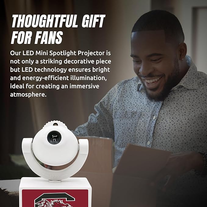 Sporticulture NCAA American Football South Carilona - Adjustable Led Mini Spotlight Projector with 6 Team Logo Designs - Portable &amp Rechargeable Spotlight - Battery-Operated - 4.375” x 3.125”