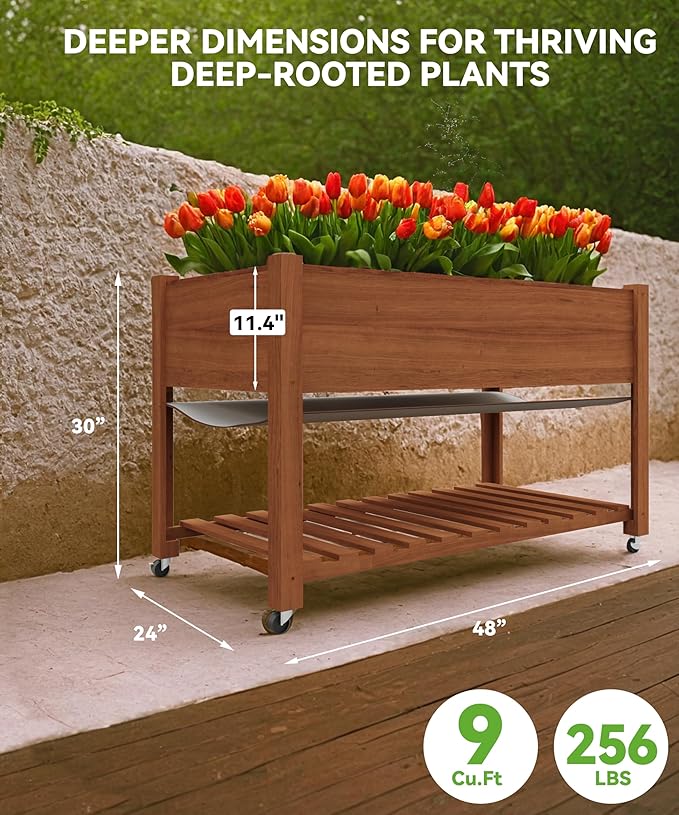 GarveeHome Raised Garden Bed 48x24x32 in Mobile Elevated Wood Planter Raised Beds w/Lockable Wheels Storage Shelf and Protective Liner for Indoor/Outdoor GardeningAcorn Brown