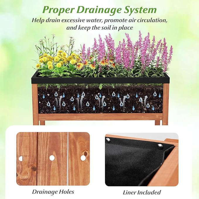 2-Tier Wooden Raised Garden Bed Elevated Planter Bed with Legs Liner &amp Storage Shelf for Vegetable Flower &amp Herb Outdoor Gardening Box for Backyard Patio Balcony 220 LBS Capacity