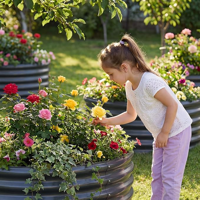 AHEONLAR 3PCS 2x2x2ft Galvanized Raised Garden Bed Kit Round Metal Flower Box Large Planter Raised Beds Outdoor Garden for PlantingFruitHerb Grey