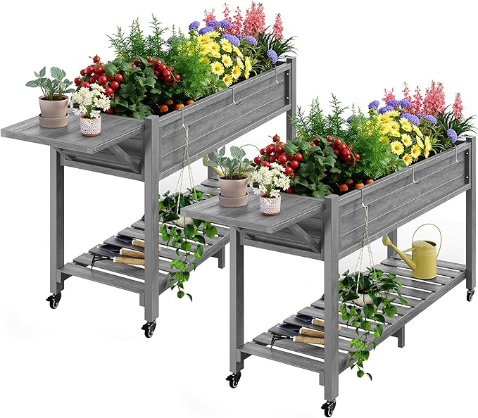 YEFU Raised Garden Bed with Legs: 57x18x30in Elevated Poly Planter with WheelsWaterproof Mobile Raised Bed Garden Elevated Planter Box Stand with Storage Shelffor DeckPatioPorchYard (Grey2pcs)
