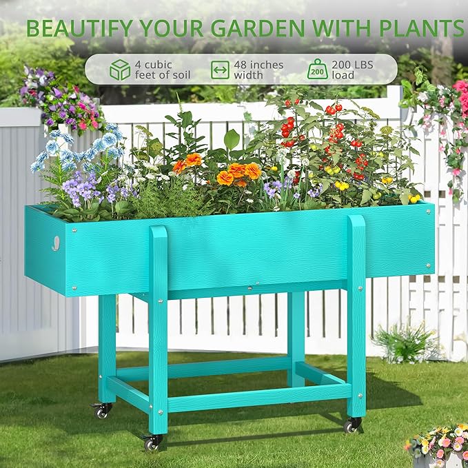 LUE BONA Raised Garden Bed with Wheels 48 * 16.7 * 28 in Poly Elevated Outdoor Planter Box with Tools Weather Resistant Standing Growing Bed Herb Planter for Vegetable Flowers Fruits