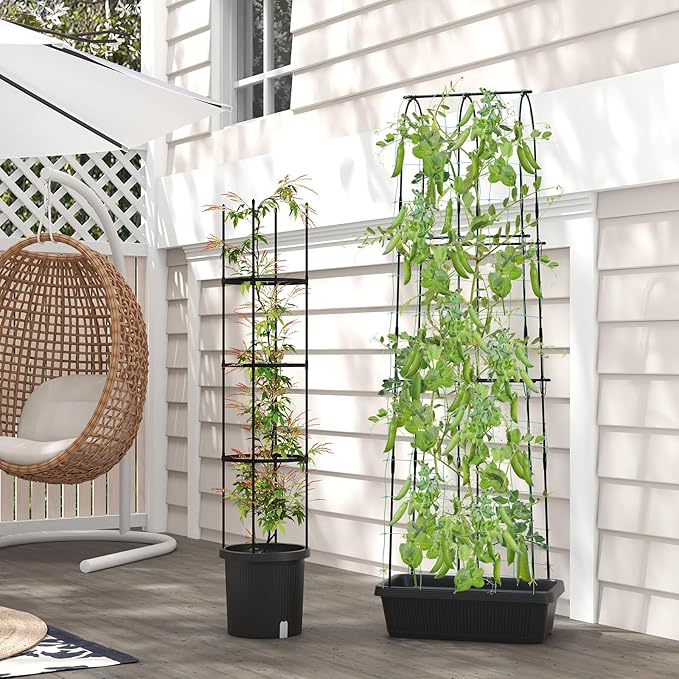 Giantex Set of 2 Raised Garden Bed w/Trellis &amp Plant Cage Planter Box w/ 71” Cucumber Trellis Round Raised Bed w/ 58.5” Tomato Cage PE-Coated Metal Adjustable Height for Climbing Plant