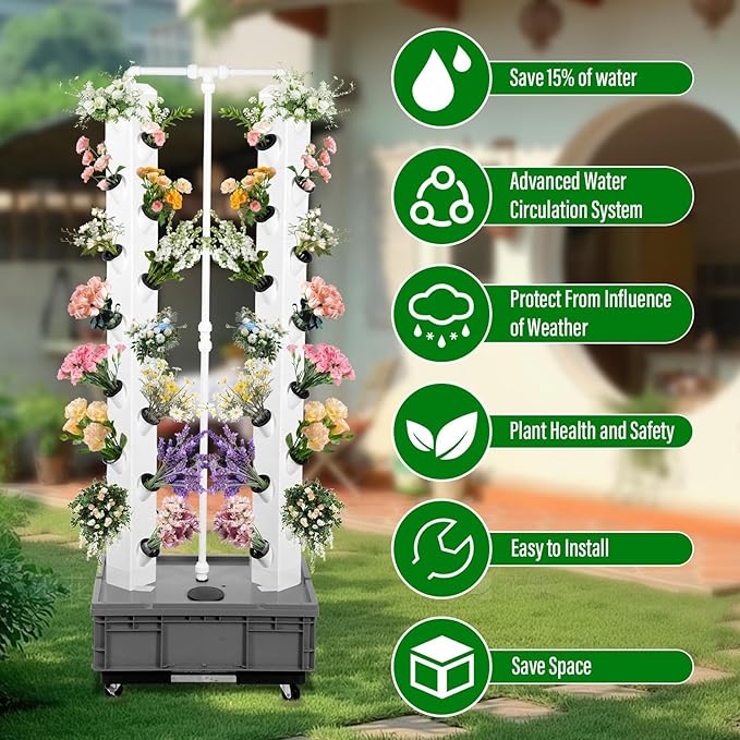 Tower Garden Hydroponic Growing System - 2 Racks 56-Plant Hydroponics Tower Indoor Hydroponic TowerSmart Hydroponic Garden Kit with Breeding Sponge/Seeding Trays/Water Pump/Timer