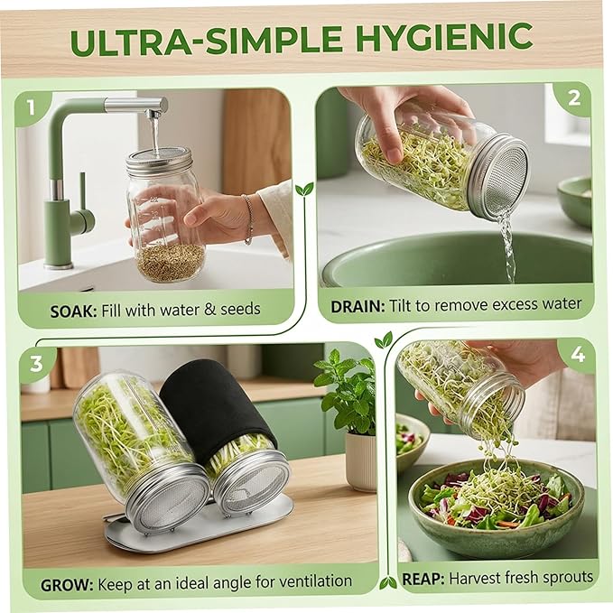 Sprouting Jar Kit Complete Seed Sprouting Jar Kit with Stainless Steel Stand &amp Drip Tray Easy Home Sprout for Microgreens Beans Broccoli