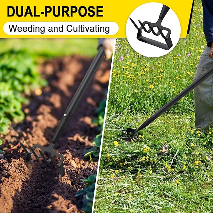 Garden Hoe Heavy Duty Hula Hoe Garden Tool for Weeding 62 Inch Cultivator Stirrup Hoe with Adjustable Long Handle Action Scuffle Loop Hoe with Rake 2-in-1 Gardening Tool for Loosening Pulling Weed
