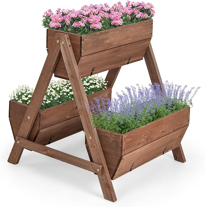 Giantex Vertical Raised Garden Bed 3 Wood Planter Boxes for Flower Vegetable Fruit Herb Freestanding Garden Planter with Drain Holes Elevated Raised Beds for Indoor Outdoor Lawn Patio Yard Brown