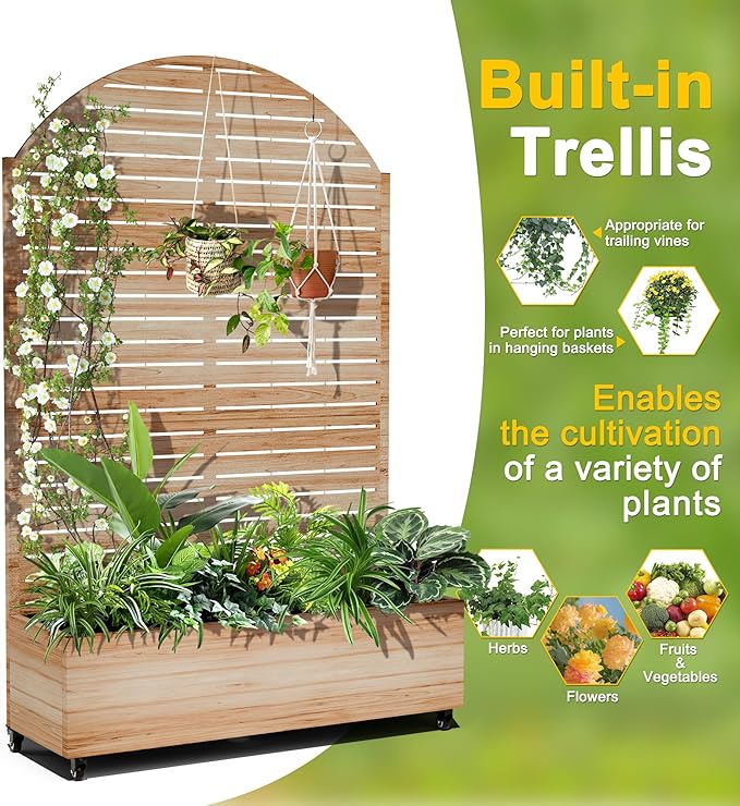 FENCY Metal Raised Garden Bed with Wheels and TrellisArched 73x47x16 Planter Box for Climbing Plants Vegetables &amp Vines Features Privacy Screen and Drainage Holes (Acacia Wood Finish)