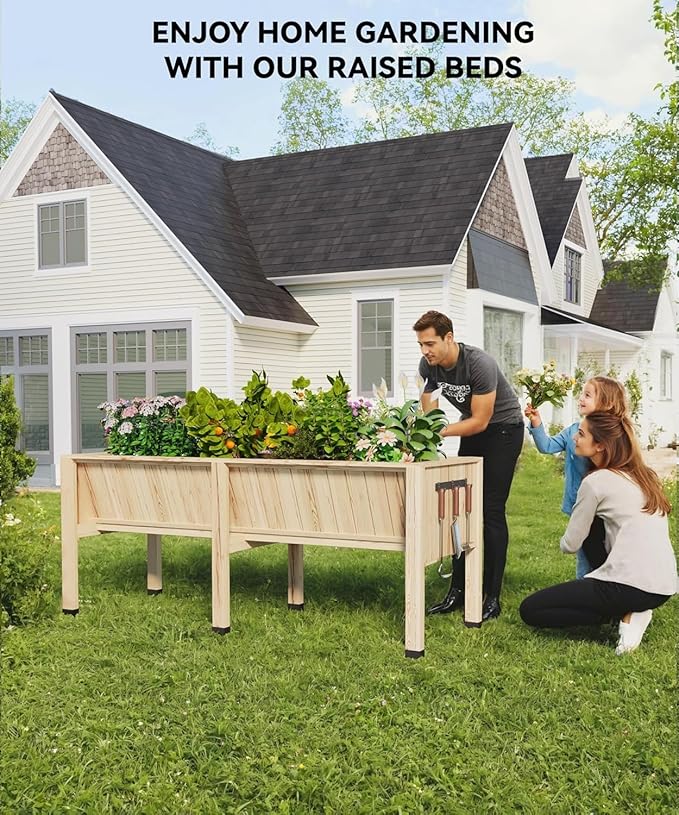 PeakPursuit 6x2 ft Large Elevated Garden Bed with Storage Hooks 72x26x30 Inch Tall Wooden Raised Planter Box 13.7 Deep Outdoor Grow Box for Vegetables/Herbs Includes Non-Woven LinerNatural Wood