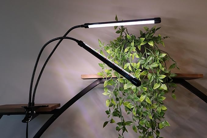 Plant Grow Light - 6000K Full Spectrum with Adjustable Red &amp White LEDs 10-Level Dimming USB Powered Clip-On Lamp for Indoor Plants Timer Function (2 Head)
