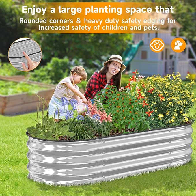 Galvanized Raised Garden Bed Outdoor // 5×2.4×0.9ft Oval Garden Bed for Gardening Vegetables Flowers // Sturdy Metal Planter Box Silver 0.6mm Thickness // Durable and Easy to Install