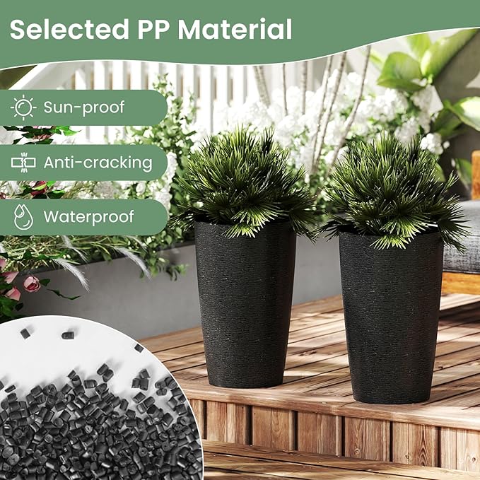 Giantex 21” Tall Plastic Planters Set of 2 Round Tapered All Weather Flower Pots with Drainage System Indoor Outdoor Stackable Decorative Plant Containers for Front Porch Home Garden (Black)