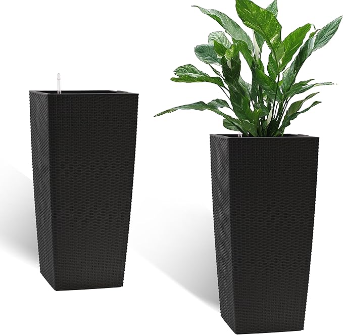 IndoorOutdoor Faux Rattan Square Planter 30 Inch Black Plastic Large Planter with Automatic Watering System for Home and G(Black 30 Inch 1)