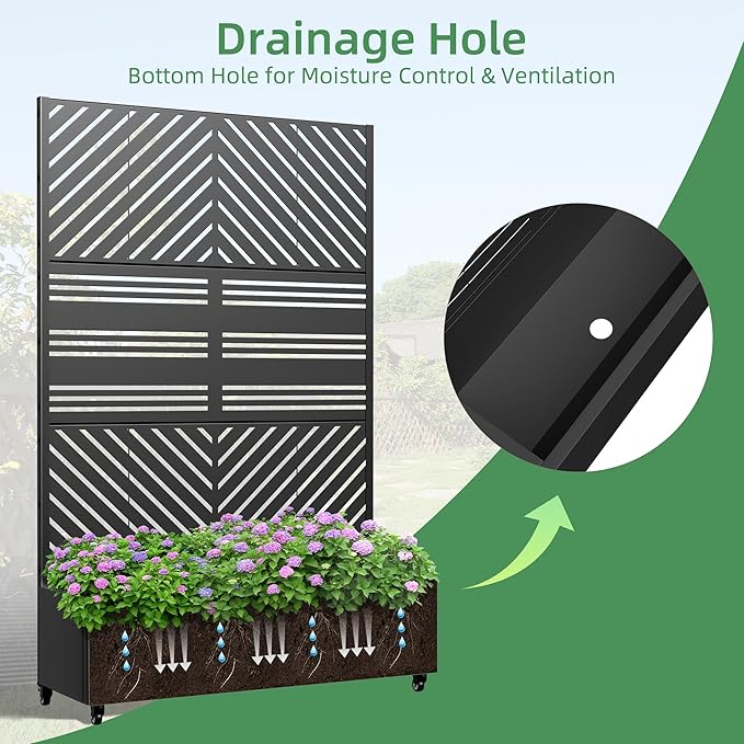 Casaphoria Metal Raised Garden Bed with Trellis and Wheels 72x47x16 Planter Box for Climbing Plants Vegetables &amp Vines Features Drainage Holes and Privacy Screen Black(Parallel&ampHarold)