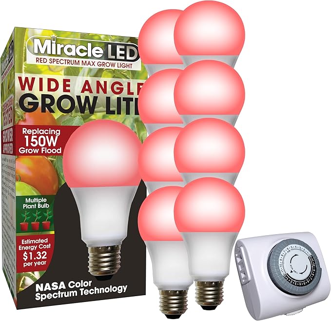 Miracle LED 11W Red Spectrum Multi-Plant Grow Light Replacing 150W (8-Pack) with Bonus SproutMatic Grow Light Timer
