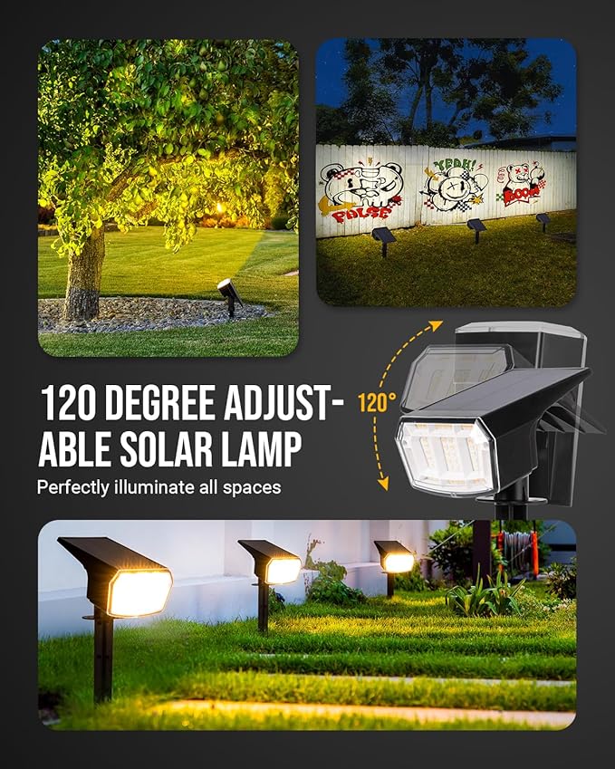 GIGALUMI Solar Spot Lights Outdoor Waterproof 6 Pack Warm White IP65 63 LED 3 Lighting Modes Spotlights for Garage Yard Garden House Pathway